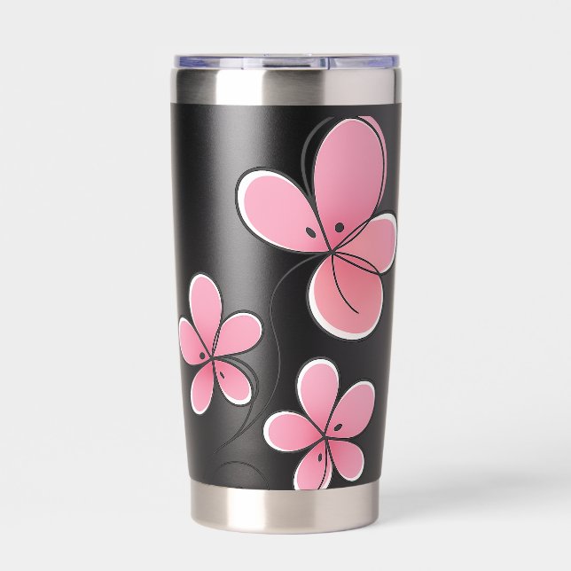 Black Insulated Bottle with Pink Floral Design Insulated Tumbler (Front)