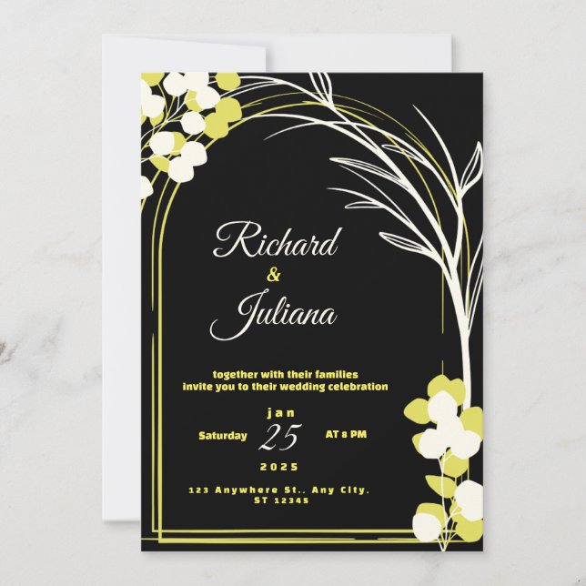 Black invitation with yellow and white flower (Front)