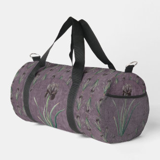 Black Iris on an antique tapestry Duffle Bag