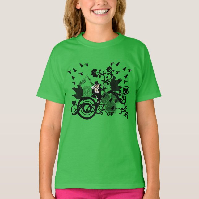 Black Irish Swirls and Leprechauns T-Shirt (Front)