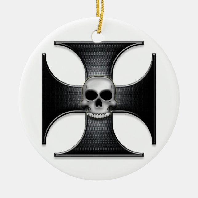 Black Iron Cross with Skull Ceramic Tree Decoration (Front)