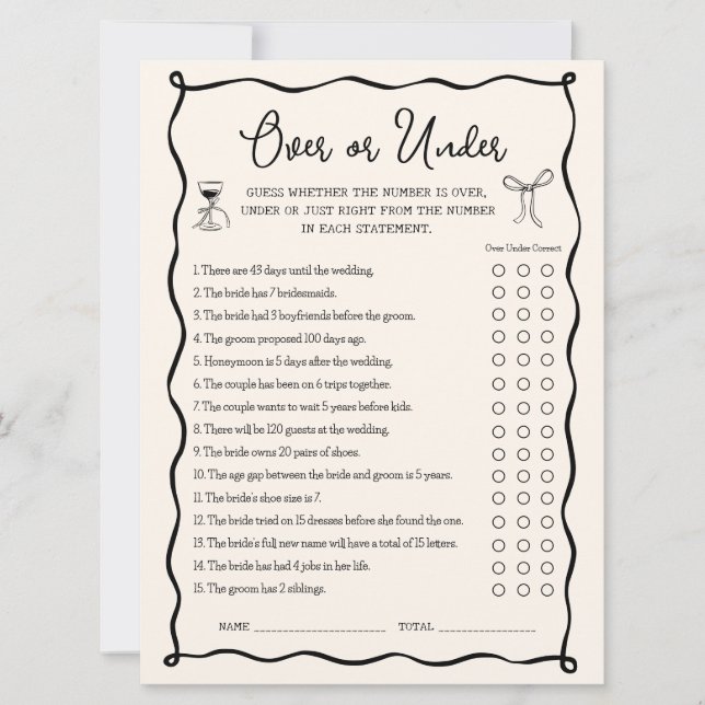 Black Italian Bridal Shower Over and Under Game Invitation (Front)