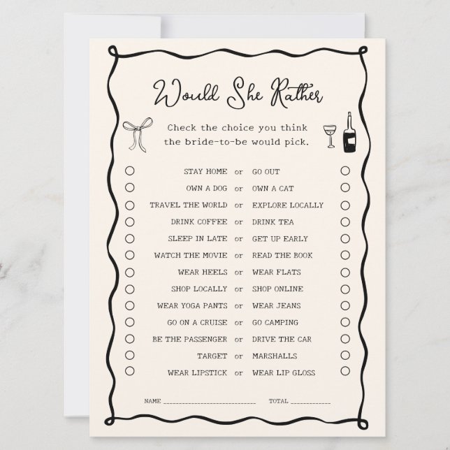 Black Italian Bridal Shower Would She Rather Game Invitation (Front)
