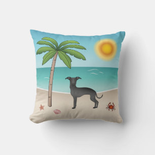 Black Italian Greyhound At Tropical Summer Beach Cushion