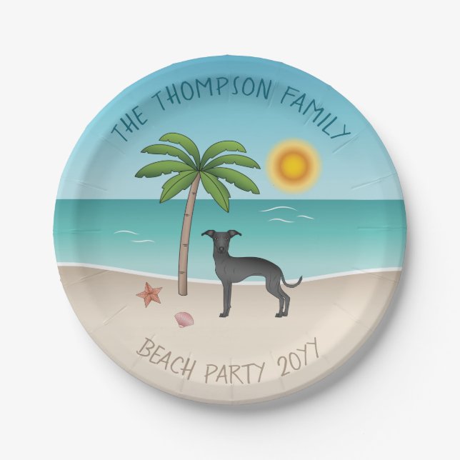 Black Italian Greyhound At Tropical Summer Beach Paper Plate (Front)