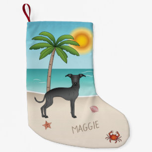 Black Italian Greyhound At Tropical Summer Beach Small Christmas Stocking