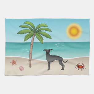 Black Italian Greyhound At Tropical Summer Beach Tea Towel