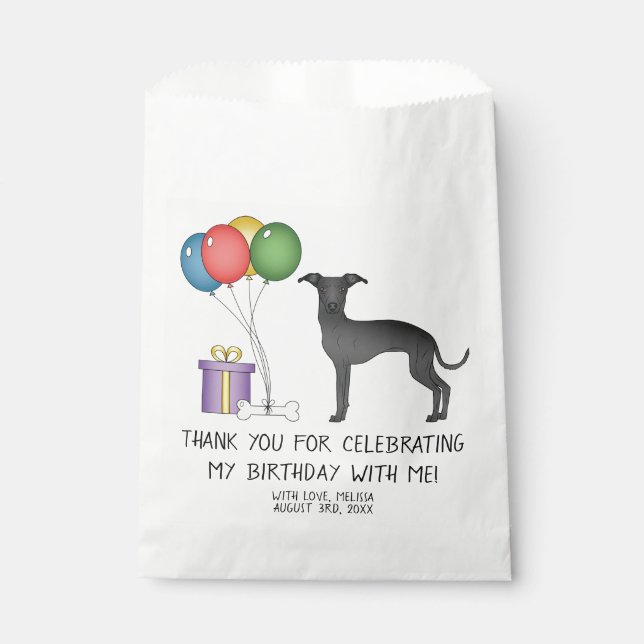 Black Italian Greyhound Cartoon Dog Birthday Favour Bag (Front)
