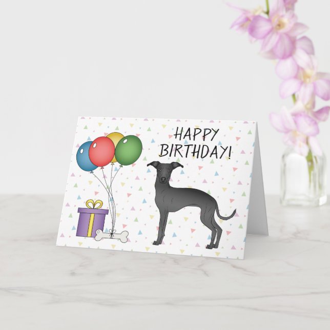 Black Italian Greyhound Cartoon Dog Happy Birthday Card (Orchid)