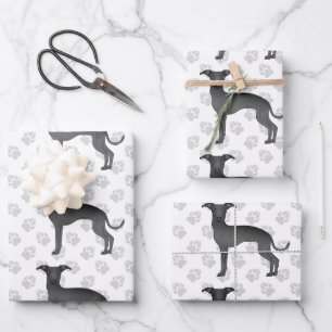 Black Italian Greyhound Cartoon Dogs With Paws Wrapping Paper Sheet
