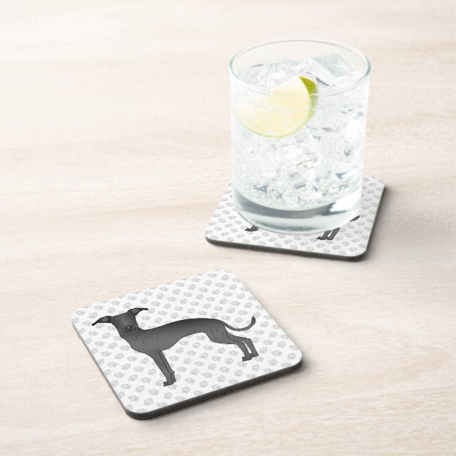Black Italian Greyhound Cute Cartoon Dog With Paws Coaster (Right Side)