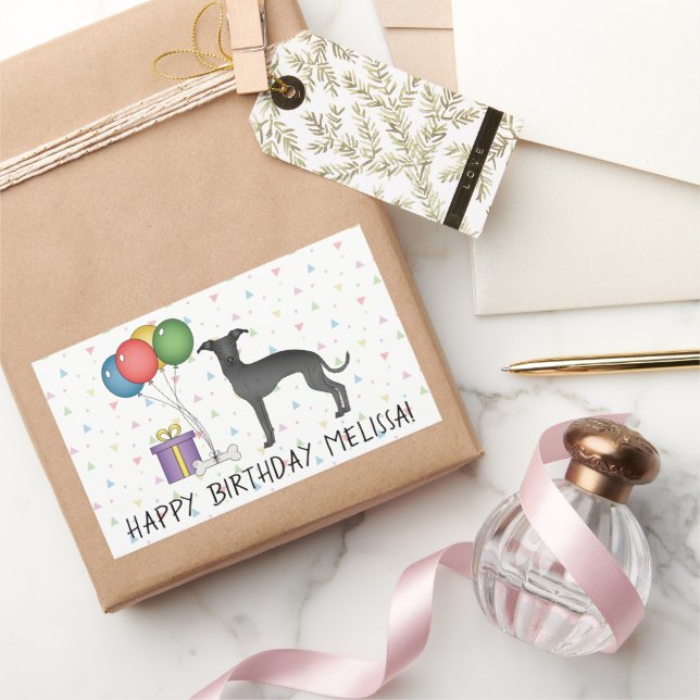 Black Italian Greyhound Cute Dog - Happy Birthday Rectangular Sticker (Gifting)