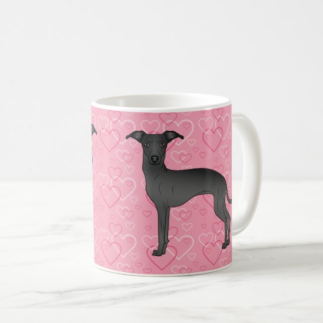 Black Italian Greyhound Cute Dog On Pink Hearts Coffee Mug (Front Right)