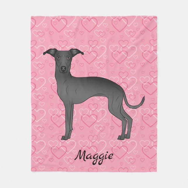 Black Italian Greyhound Cute Dog On Pink Hearts Fleece Blanket (Front)