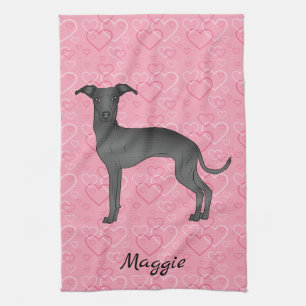 Black Italian Greyhound Cute Dog On Pink Hearts Tea Towel