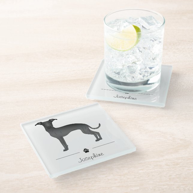 Black Italian Greyhound Cute Dog With Custom Text Glass Coaster (Angled)