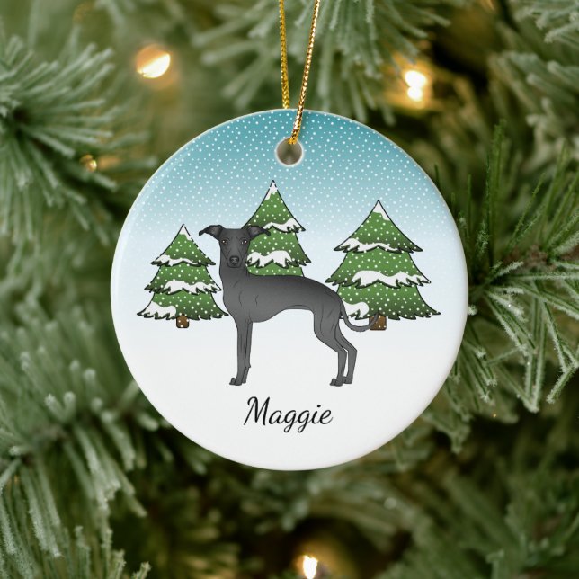 Black Italian Greyhound Dog In A Winter Forest Ceramic Ornament (Tree)