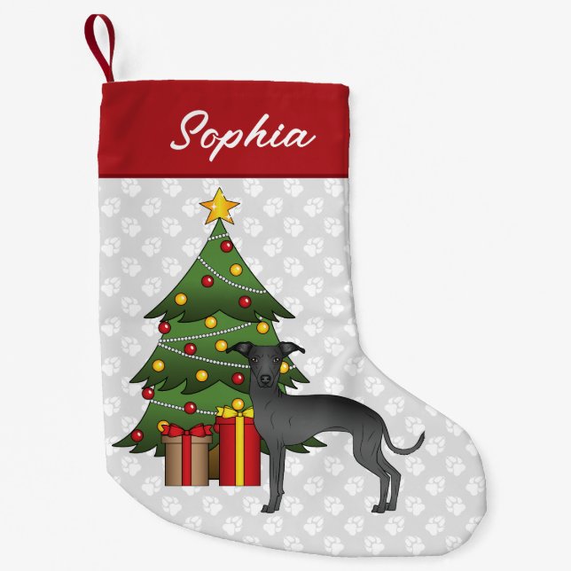 Black Italian Greyhound Dog With A Christmas Tree Small Christmas Stocking (Front)