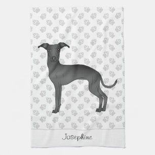 Black Italian Greyhound With Custom Name Tea Towel