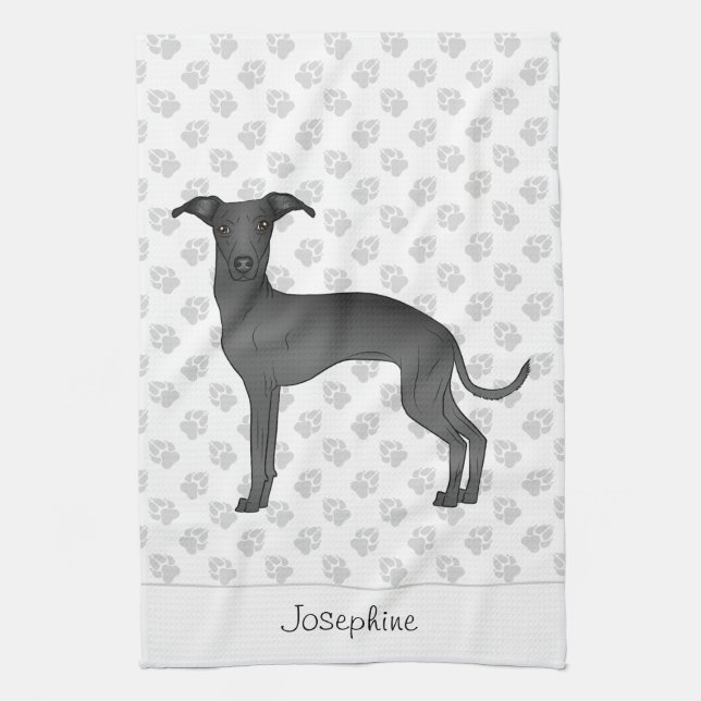 Black Italian Greyhound With Custom Name Tea Towel (Vertical)