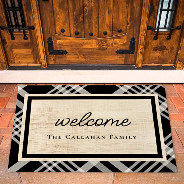 Black & Ivory Beige Plaid Personalised Welcome Doormat (Creator Uploaded)