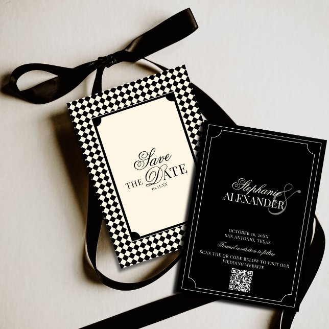 Black & Ivory Chequered Old Money QR Code Wedding Save The Date (Creator Uploaded)