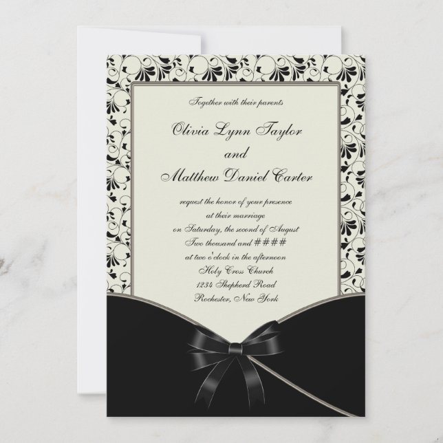 Black Ivory Cream Damask Wedding Invitation (Front)