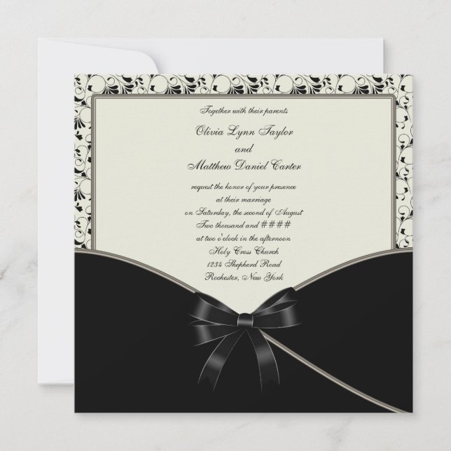 Black Ivory Cream Damask Wedding Invitation (Front)