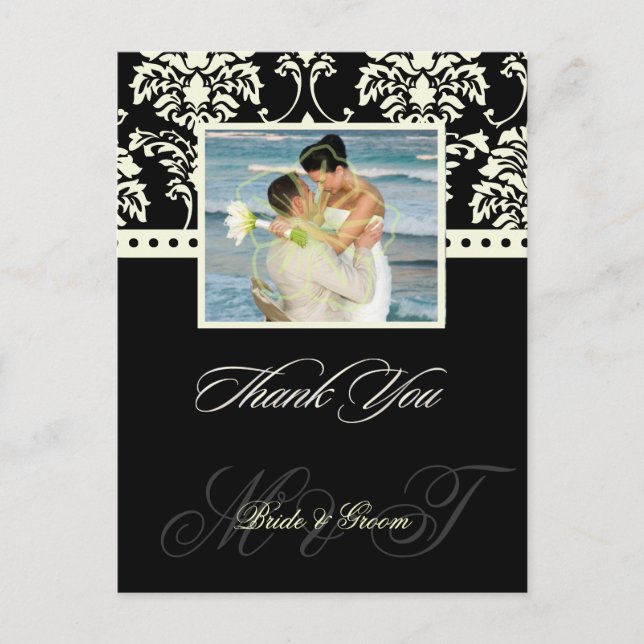 Black +  Ivory Damask Thank You Photo postcards, Postcard (Front)