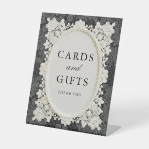 Black Ivory Doily Lace Wedding Cards & Gifts Pedestal Sign
