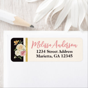 Black, Ivory, Gold Florals Return Address Label