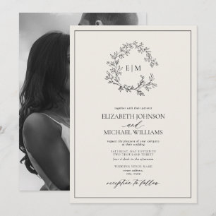 Black Ivory Leafy Crest Monogram Photo Wedding Invitation