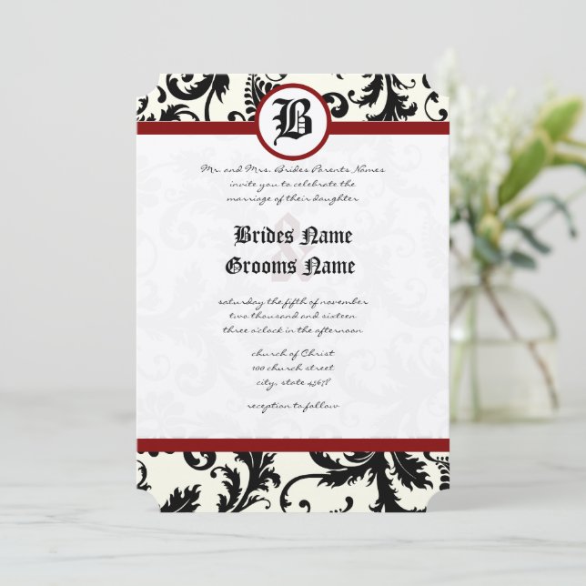 Black  Ivory & Maroon Damask Wedding  Invitation (Standing Front)