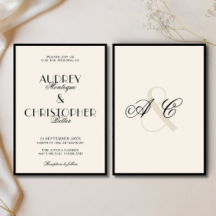 Black Ivory Monogram Glam Formal Old Money Wedding Invitation