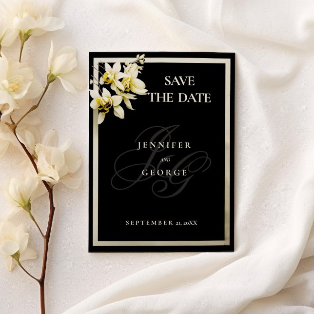 Black ivory monogram initials orchid Save The Date (Black ivory monogram initials orchid Save The Date)