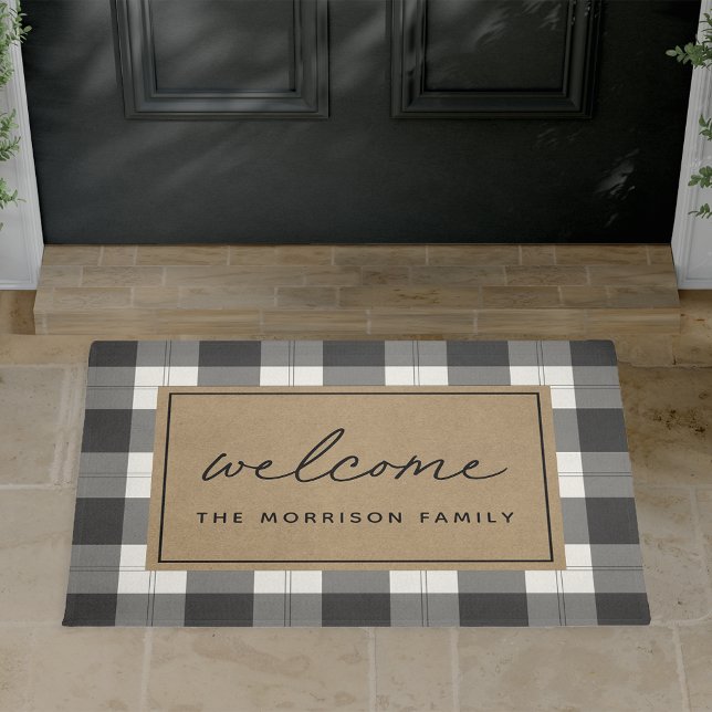 Black & Ivory Plaid Personalised Welcome Doormat (Creator Uploaded)