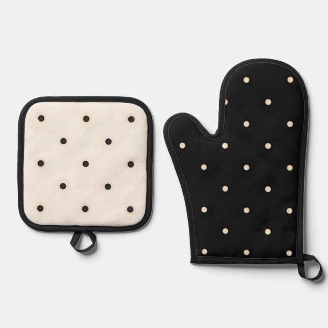 Black & Ivory Polka Dots Mixed Print Oven Mitt & Pot Holder Set (Front)