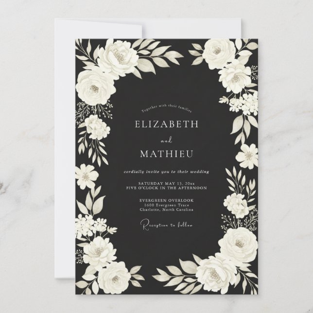 Black Ivory Ranunculus Eucalyptus Wedding Invitation (Front)