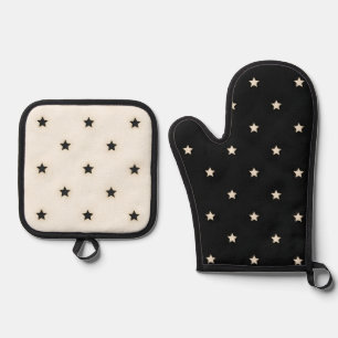 Black & Ivory Stars Mixed Print Oven Mitt & Pot Holder Set