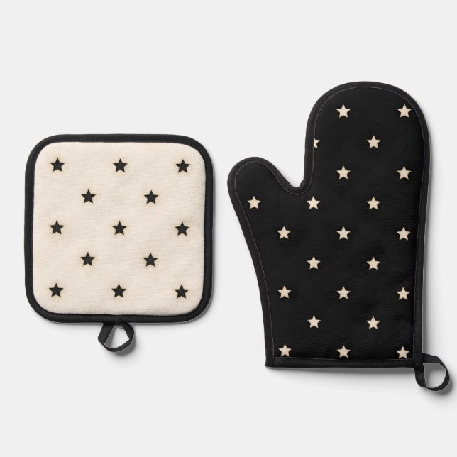 Black & Ivory Stars Mixed Print Oven Mitt & Pot Holder Set (Front)