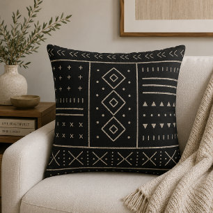 Black Ivory Tribal Geometric Pattern Modern Boho Cushion
