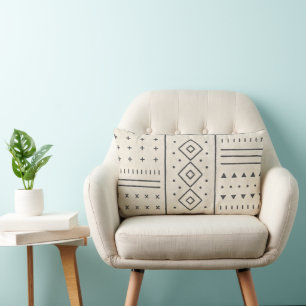 Black Ivory Tribal Geometric Pattern Modern Boho Lumbar Cushion