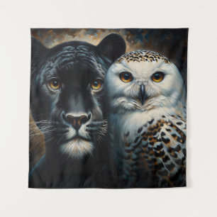 Black Jaguar and Snowy Owl Painting Tapestry