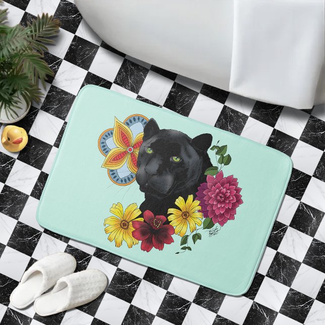 Black Jaguar Portrait Flowers Bath Mat (Creator Uploaded)