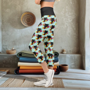 Black Jaguar Portrait Flowers Capri Leggings