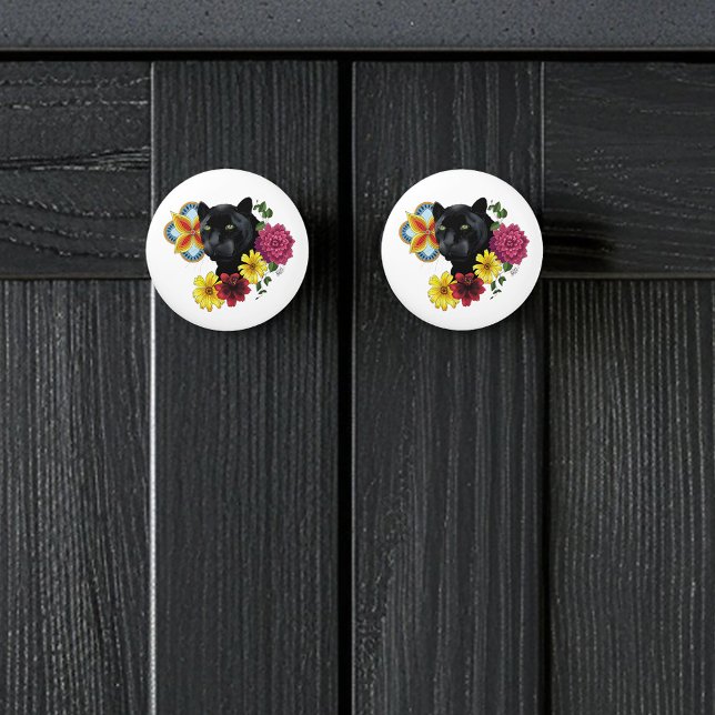 Black Jaguar Portrait Flowers Ceramic Knob (Creator Uploaded)