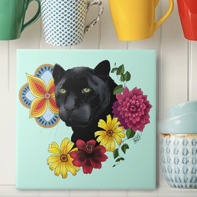 Black Jaguar Portrait Flowers Ceramic Tile (Creator Uploaded)