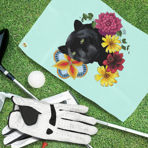 Black Jaguar Portrait Flowers Golf Towel