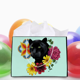 Black Jaguar Portrait Flowers Large Gift Bag