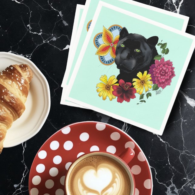 Black Jaguar Portrait Flowers Napkin (Creator Uploaded)